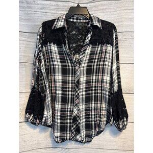 Atina Cristina Plaid Button-Up Shirt With Lace Detailing & 3/4 Sleeves Size M